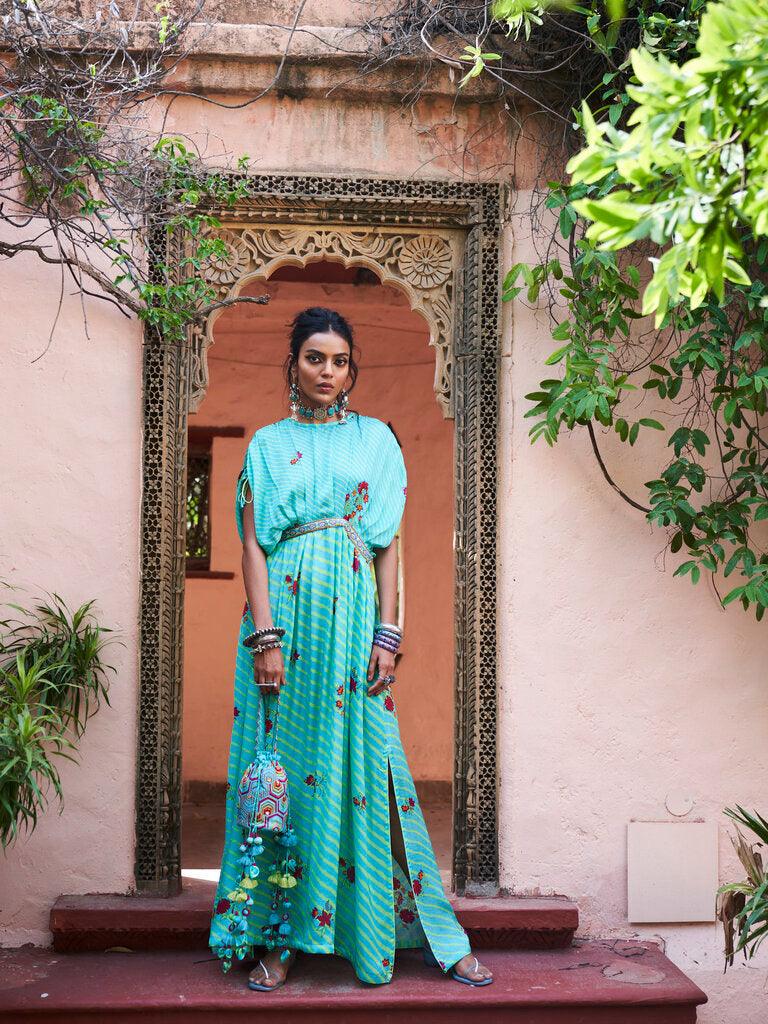 Turquoise Satin Silk Maxi Dress – Punit Balana
