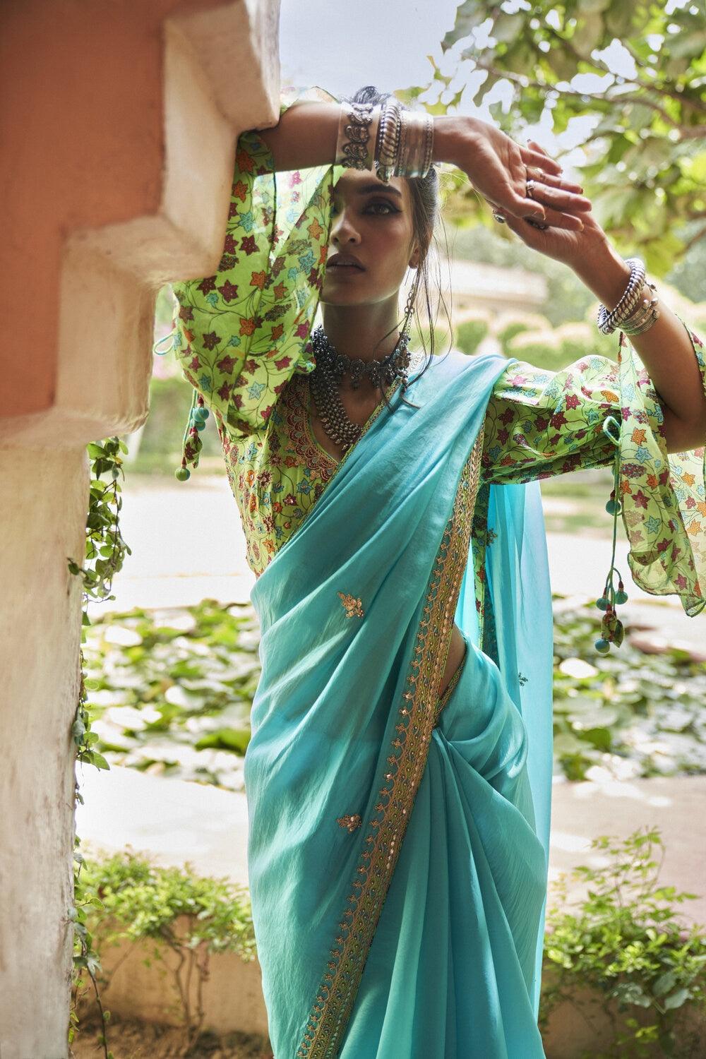 Turquoise Organza silk Saree