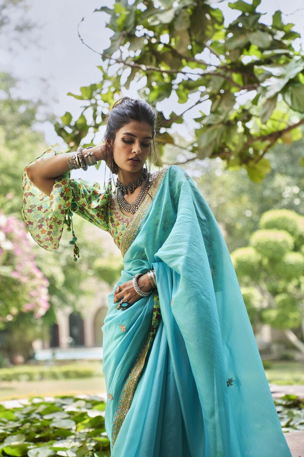 Turquoise Organza silk Saree