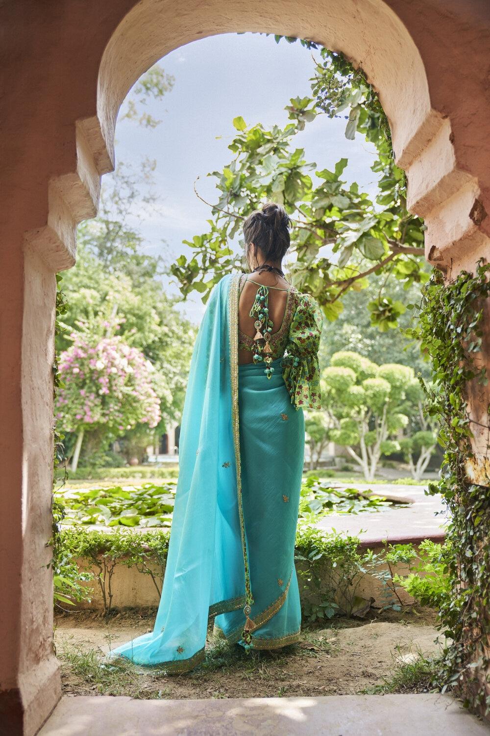 Turquoise Organza silk Saree