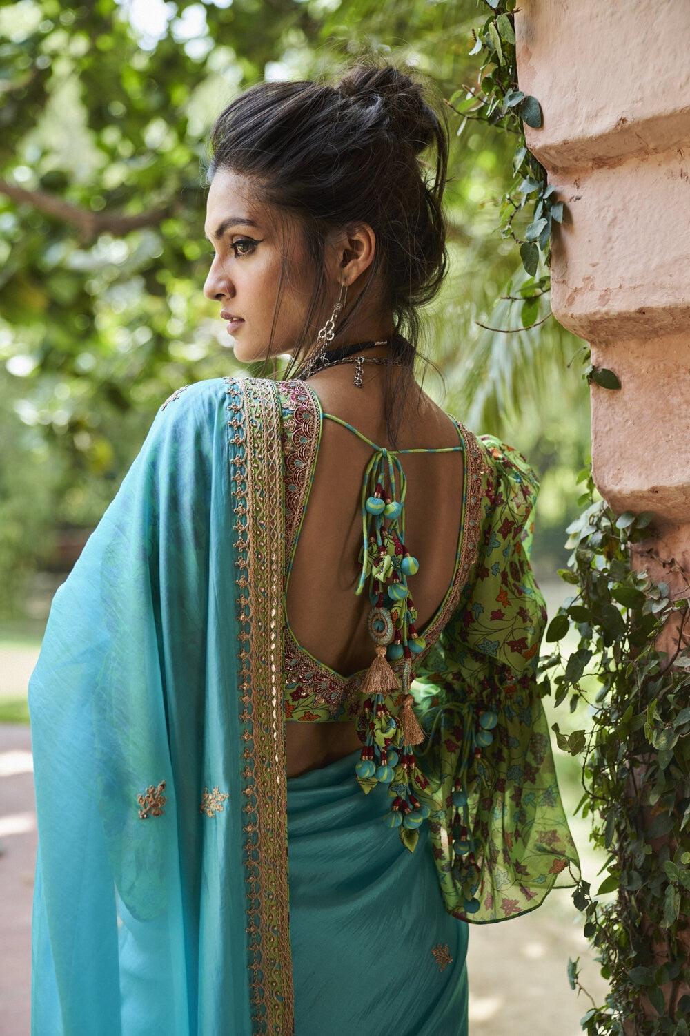 Turquoise Organza silk Saree