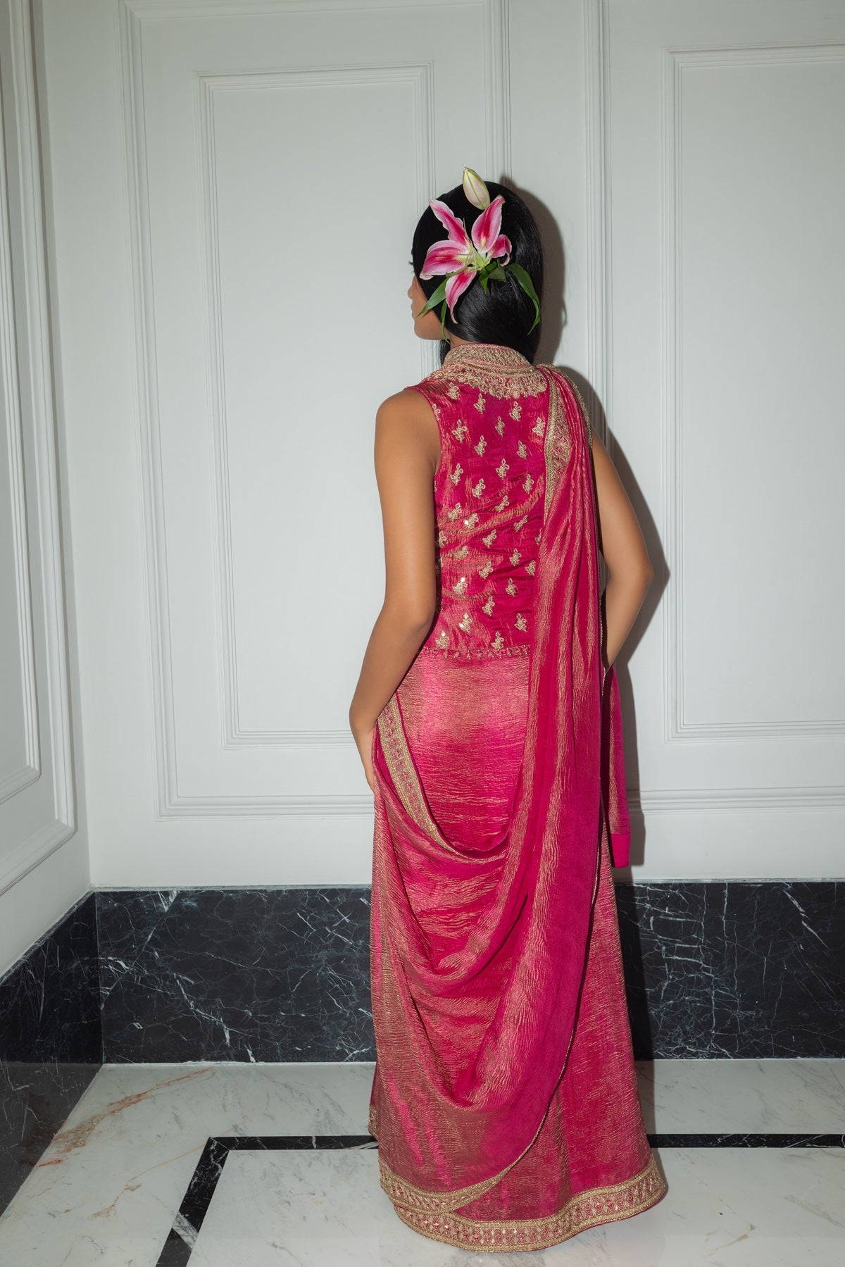Raspberry Kurti Saree set