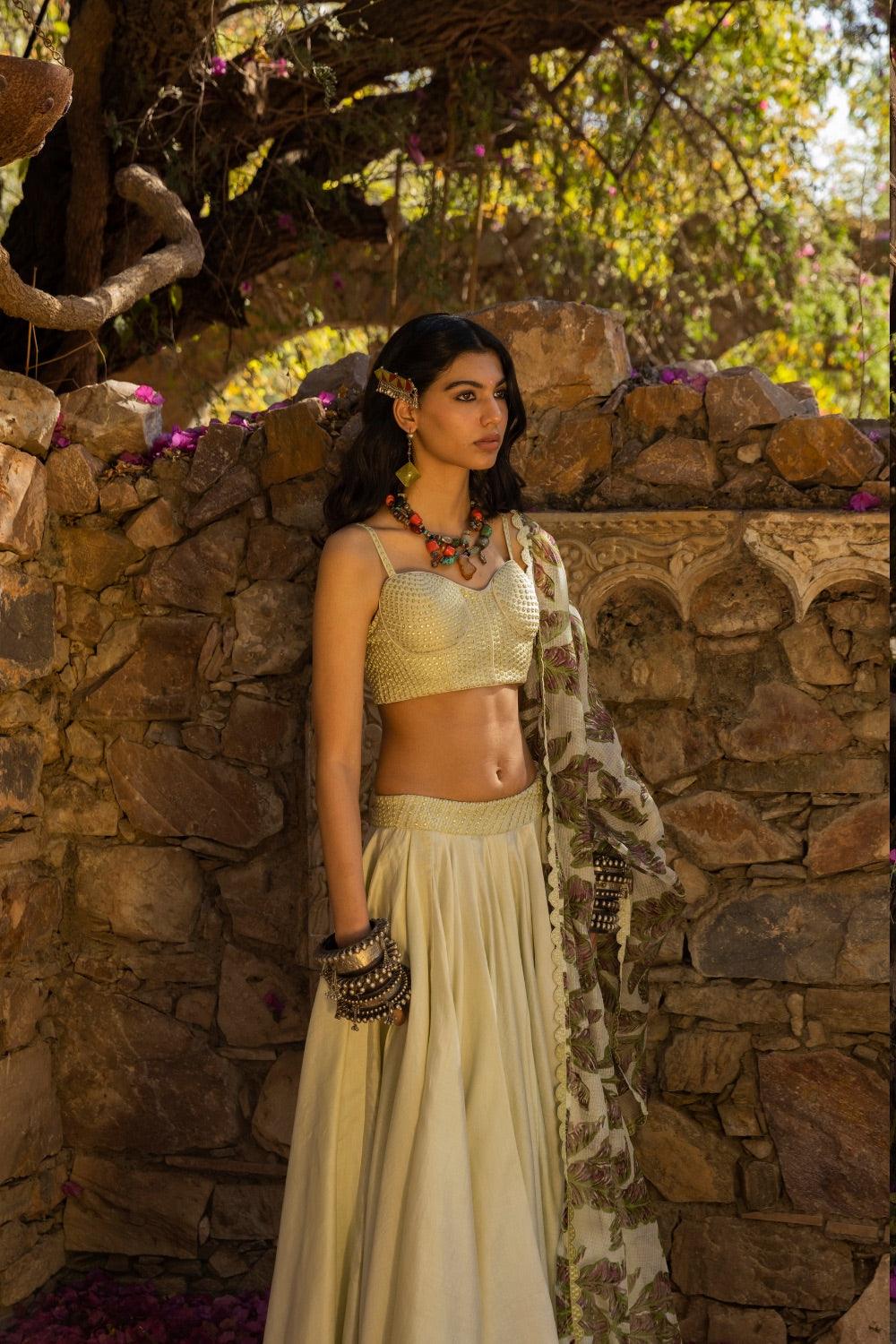 Resham Work Bralette With Lehenga And Printed Dupatta