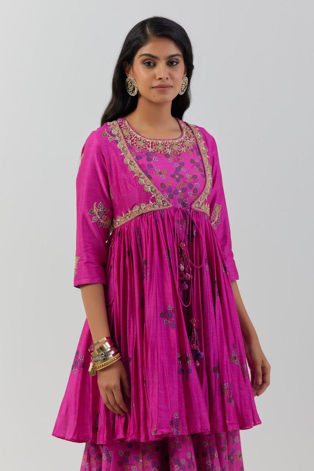 Hot Pink Angrakha Jacket With Long Anarkali Set