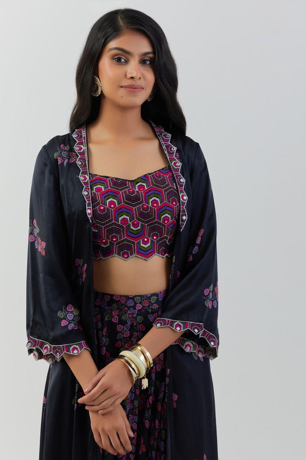 Black Printed Top Paired With Cowl Pants & Cape