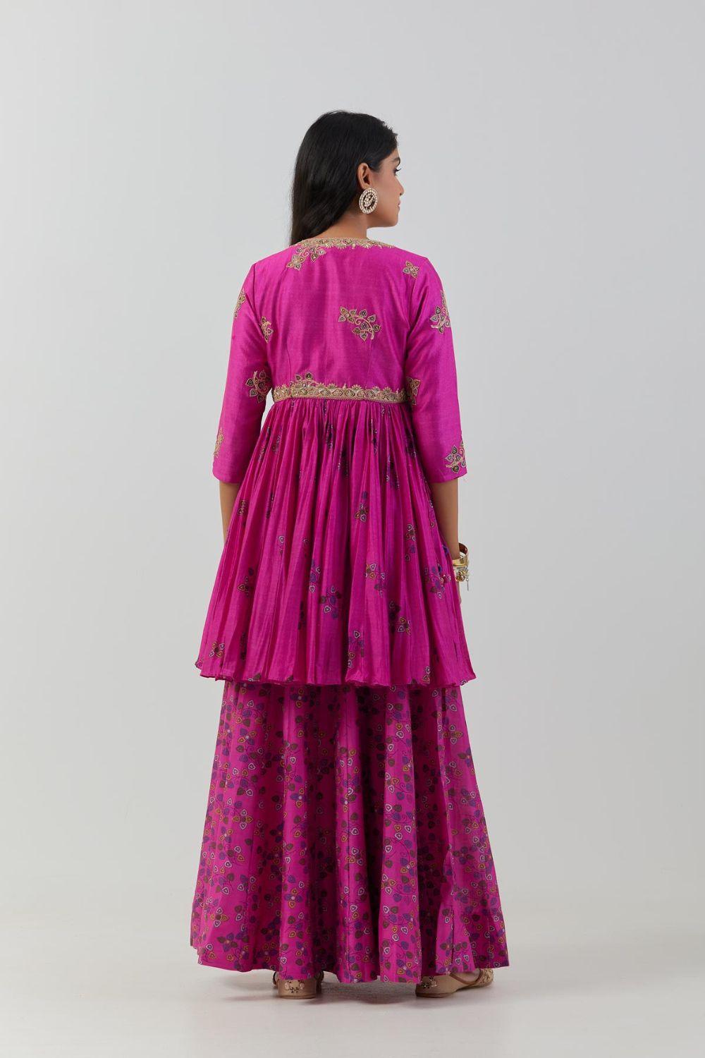 Hot Pink Angrakha Jacket With Long Anarkali Set