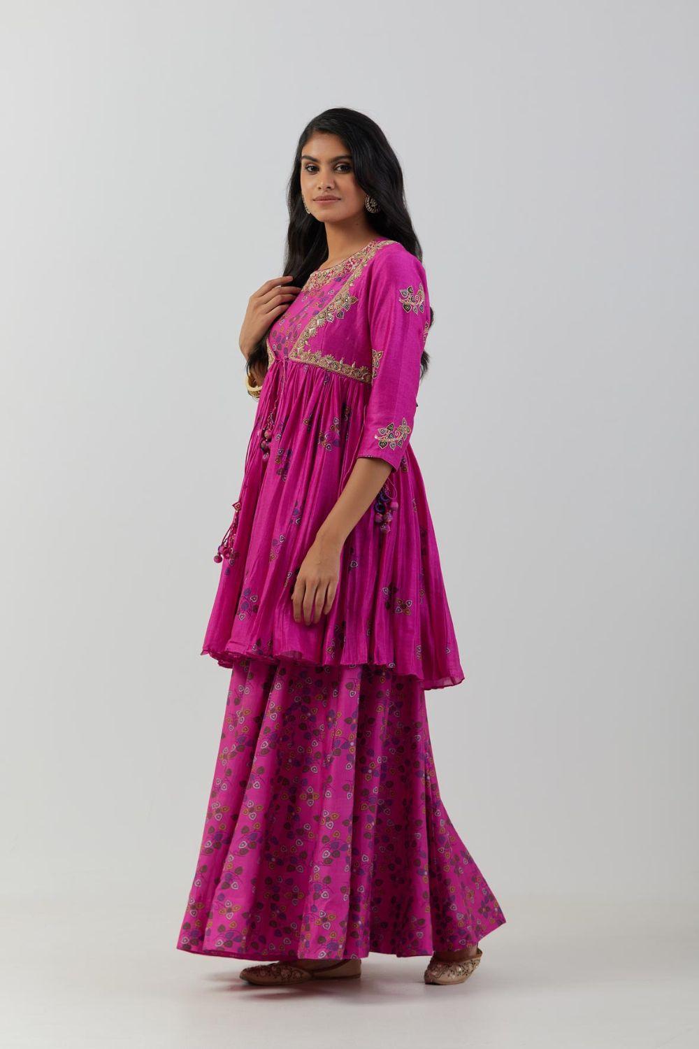 Hot Pink Angrakha Jacket With Long Anarkali Set