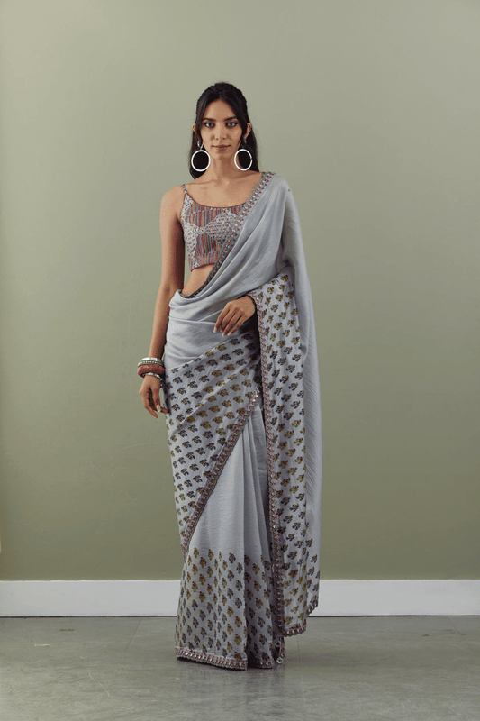 Grey Classic Resham Saree Set