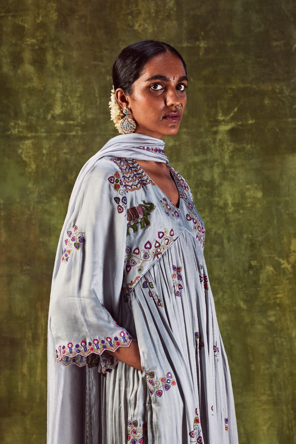 Grey Printed Front Gather Anarkali