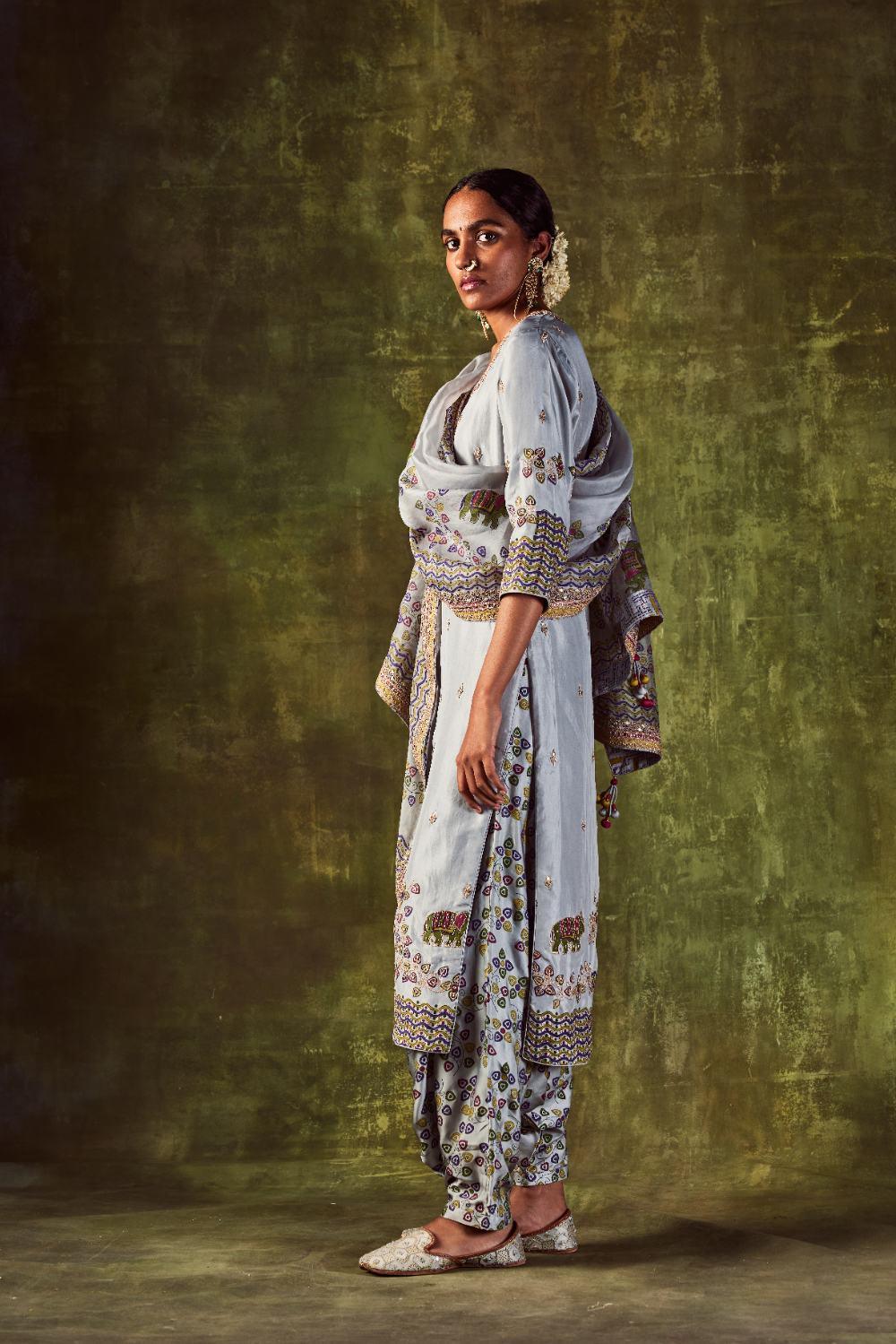 Grey Printed Gota & Marodi Kurta Set with Dupatta & Cowl Pants
