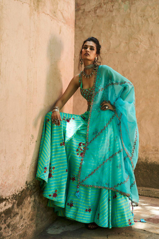 Turquoise Silk Chanderi Lehenga Set