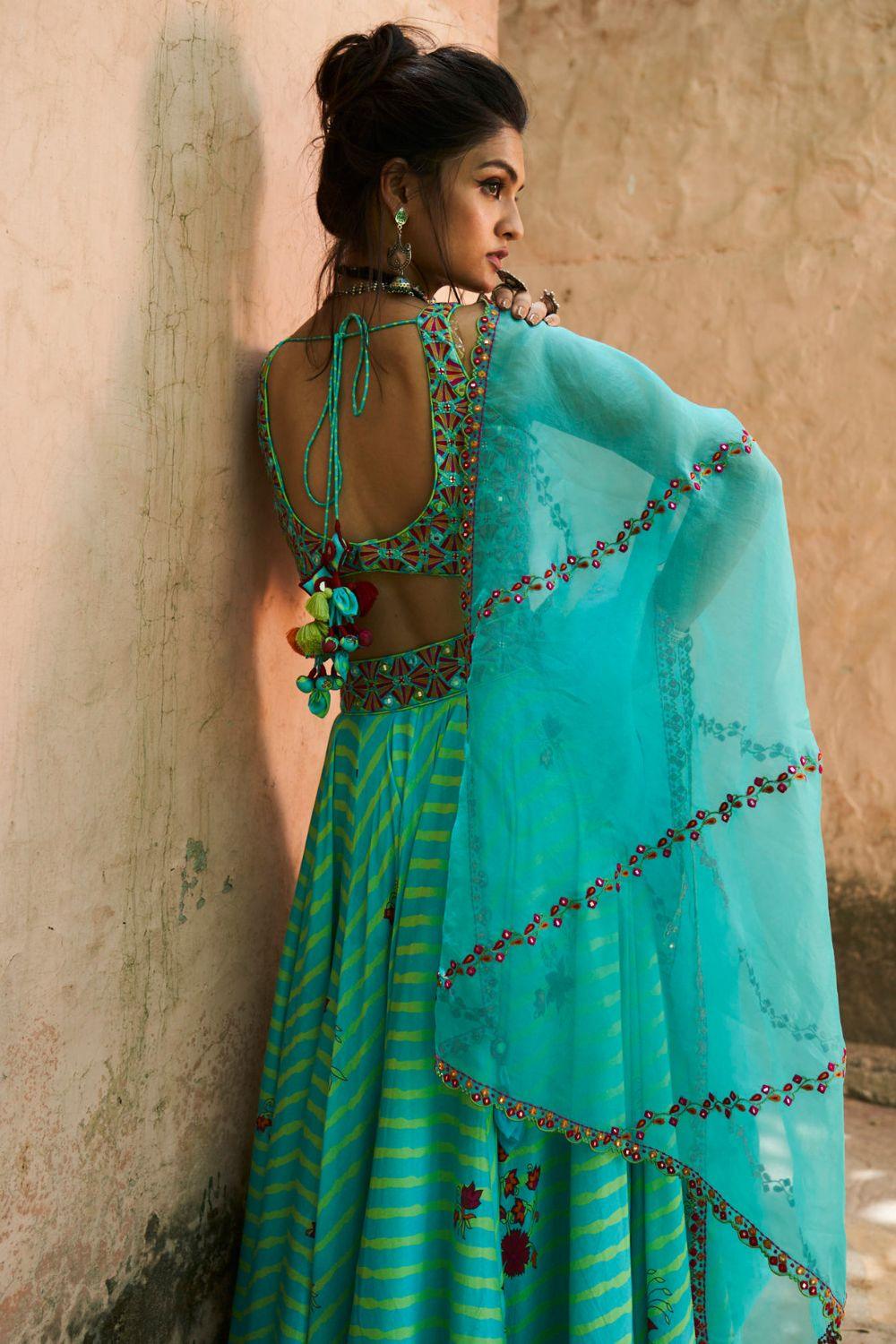 Turquoise Silk Chanderi Lehenga Set