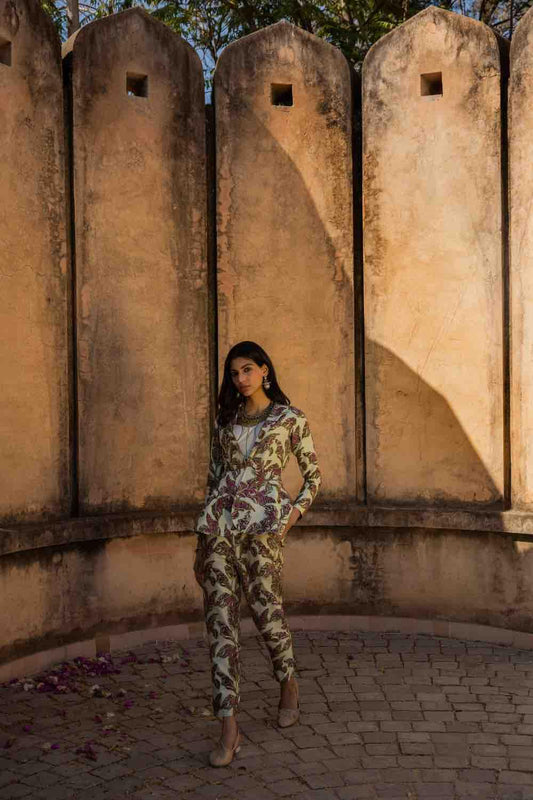 Printed Peplum Jacket And Pants With Solid Bralette