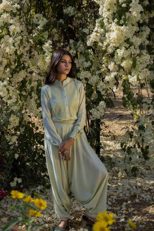 Mint Resham Shirt With Dhoti Pants