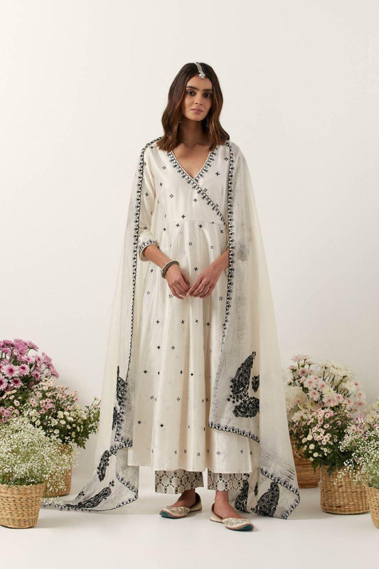 Ivory Mirror  & Resham Embroidered Angrakha With Dupatta & Pants
