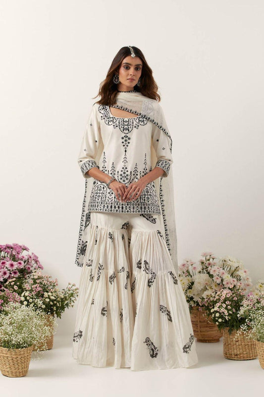 Ivory Mirror & Resham Embroidered Kurti Paired With Gharara & Dupatta