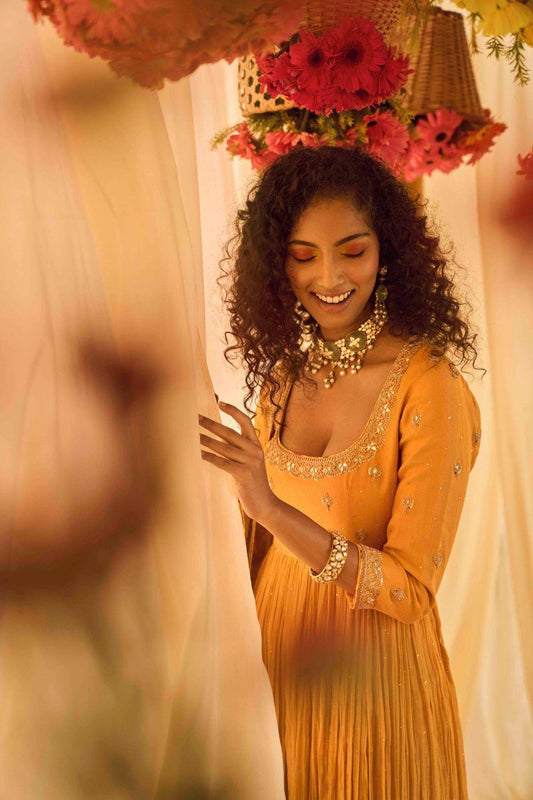Mustard Anarkali With Heavy Organza Silk Dupatta And Chudidar