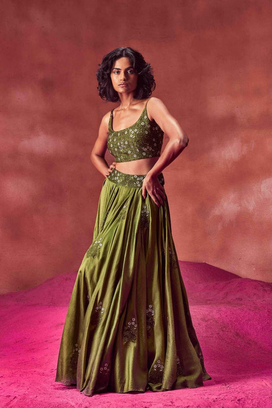 Olive Green Resham Work Lehenga  Set
