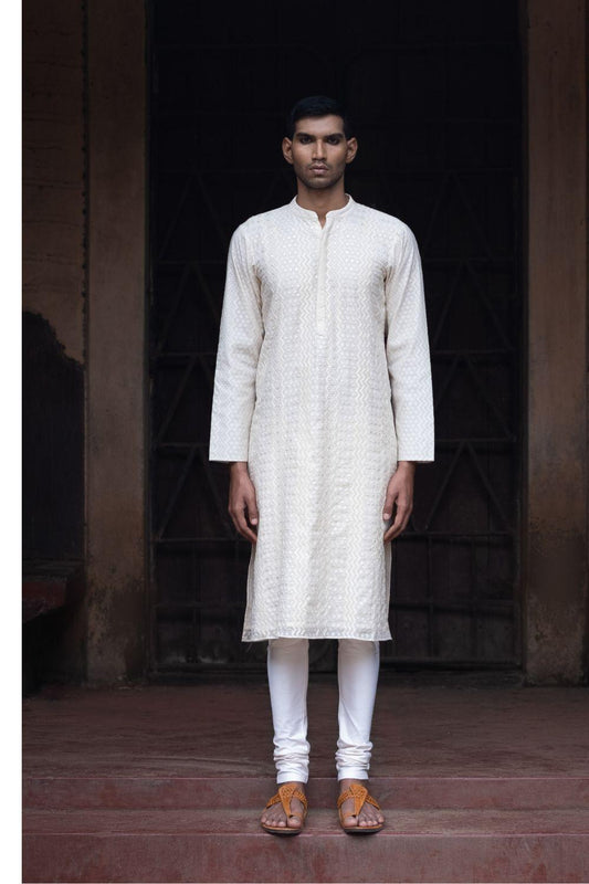 White Fully Embellished Kurta With Churidar Set