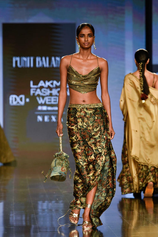 Dry Heena Green Printed Drape Skirt Paired with Cowl Neck Top