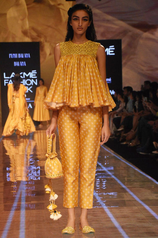 Mustard Embellished Bandhani Top With Pants