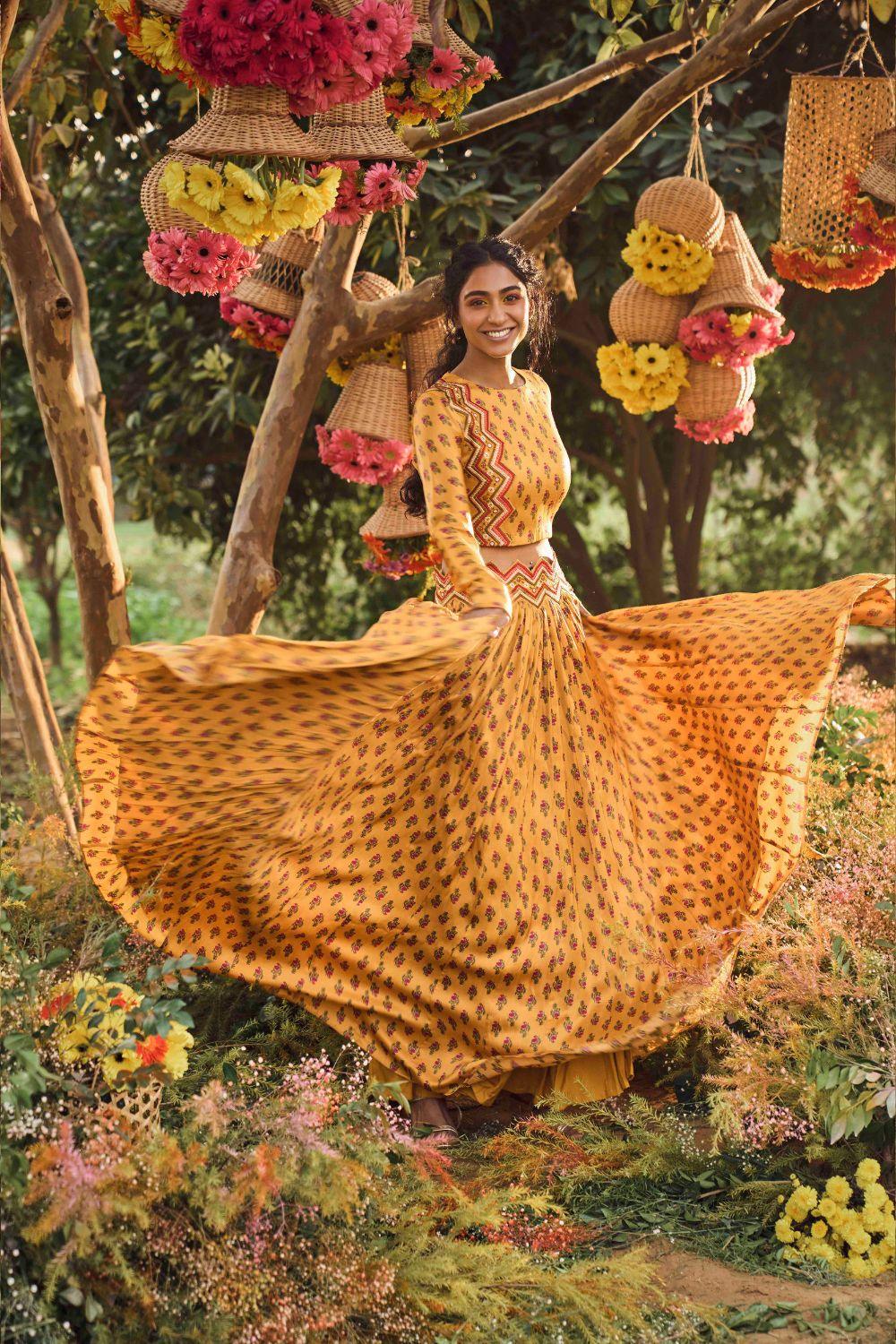 Mustard Printed Crop Top With Skirt