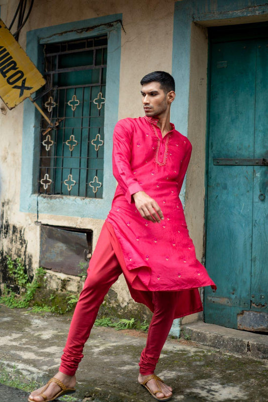 Cherry Red Kurta With Churidar Set