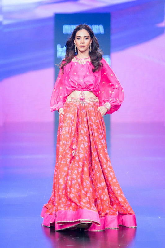 Gulaabi Gulaal Silk Top and Skirt Set
