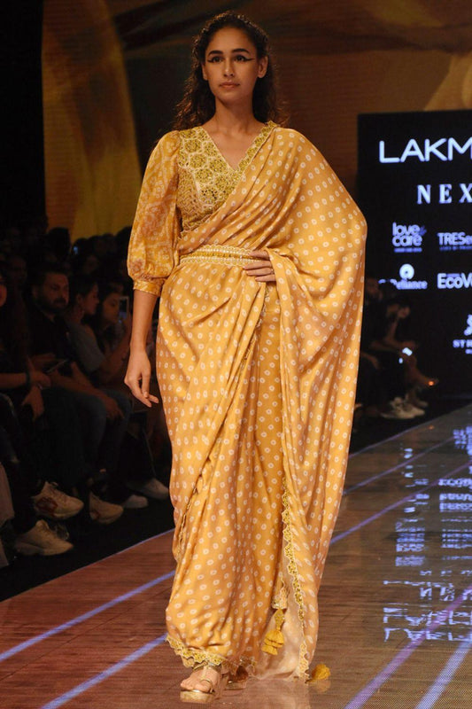 Mustard Printed & Embellished Saree Set
