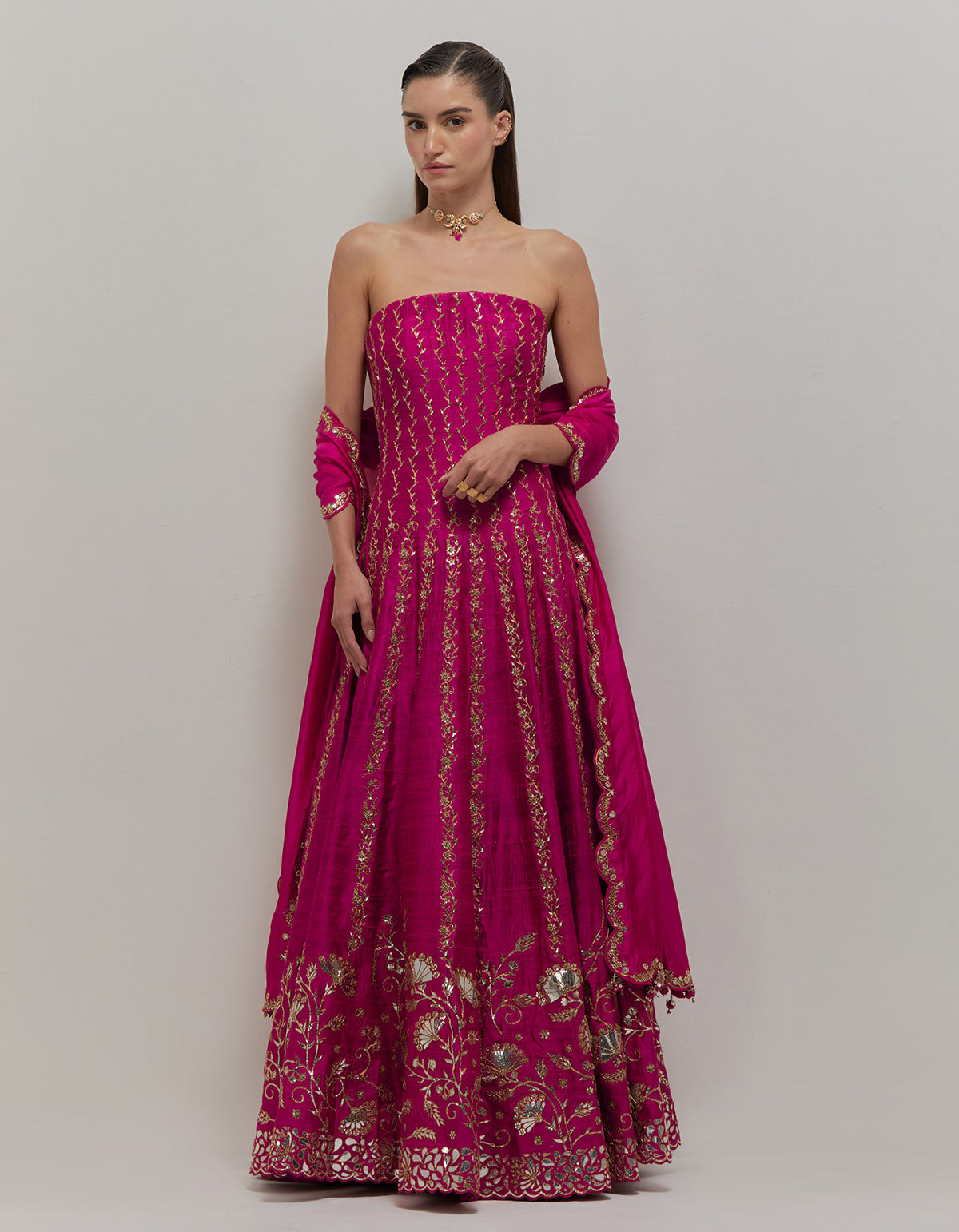 Rasberry Off Shoulder Anarkali set
