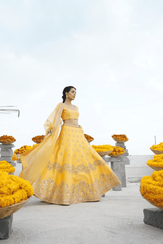 Mustard Heavy Marodi And Gota Work Lehenga Set