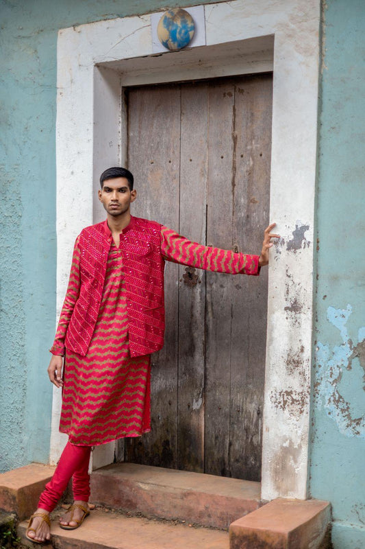 Cherry Red Kurta Churidar With Bandi