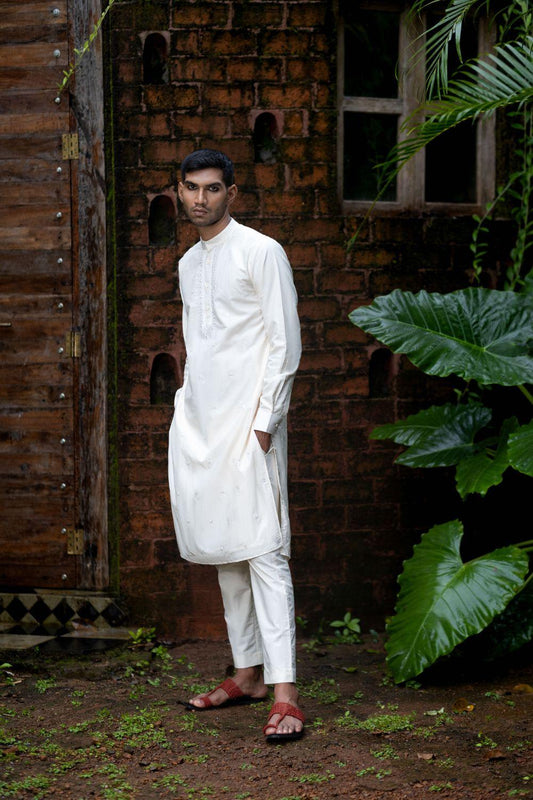 White Chanderi  Embellieshed Kurta With Button Patti And Pants Set