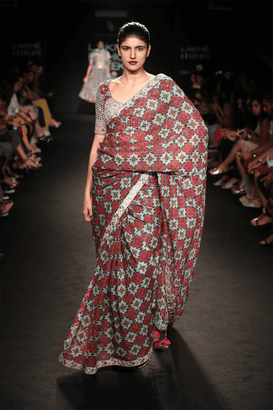 Grey Printed Saree With Blouse