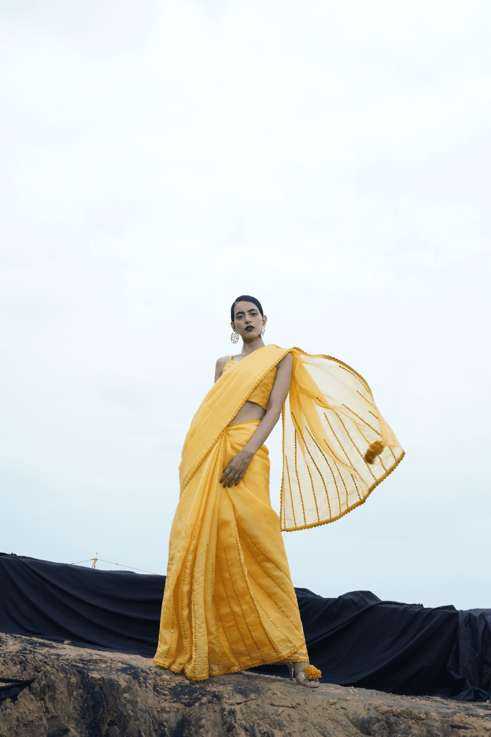 Mustard Mirror Work Saree