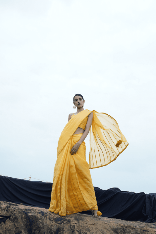 Mustard Mirror Work Saree