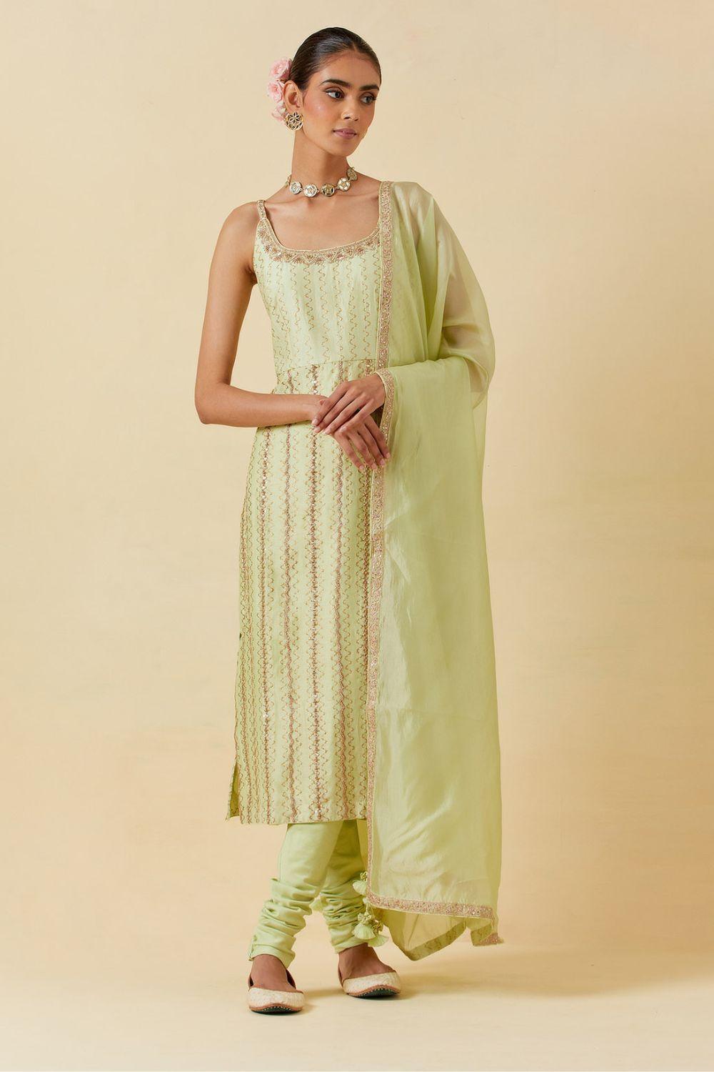 Mint Printed Kurta With Dupatta & Churidar