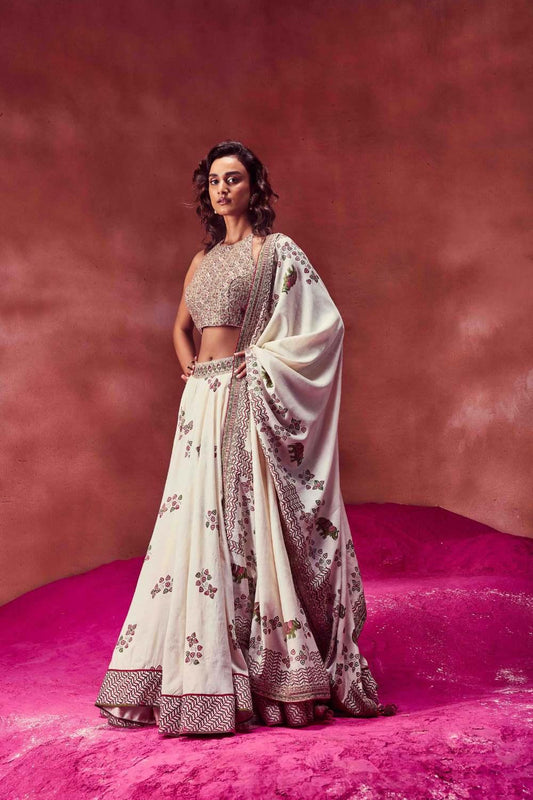 Ivory Halter Neck Blouse With lehenga Set