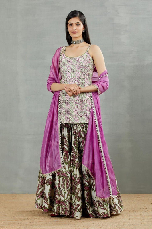 Coin Work Embellished Kurti With Printed Gharara Set