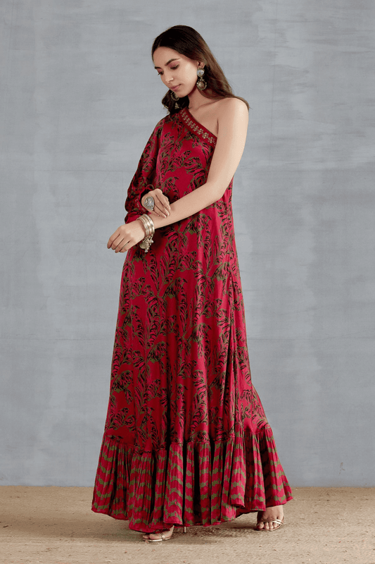 One Sleeve Dress With Coin Work Border