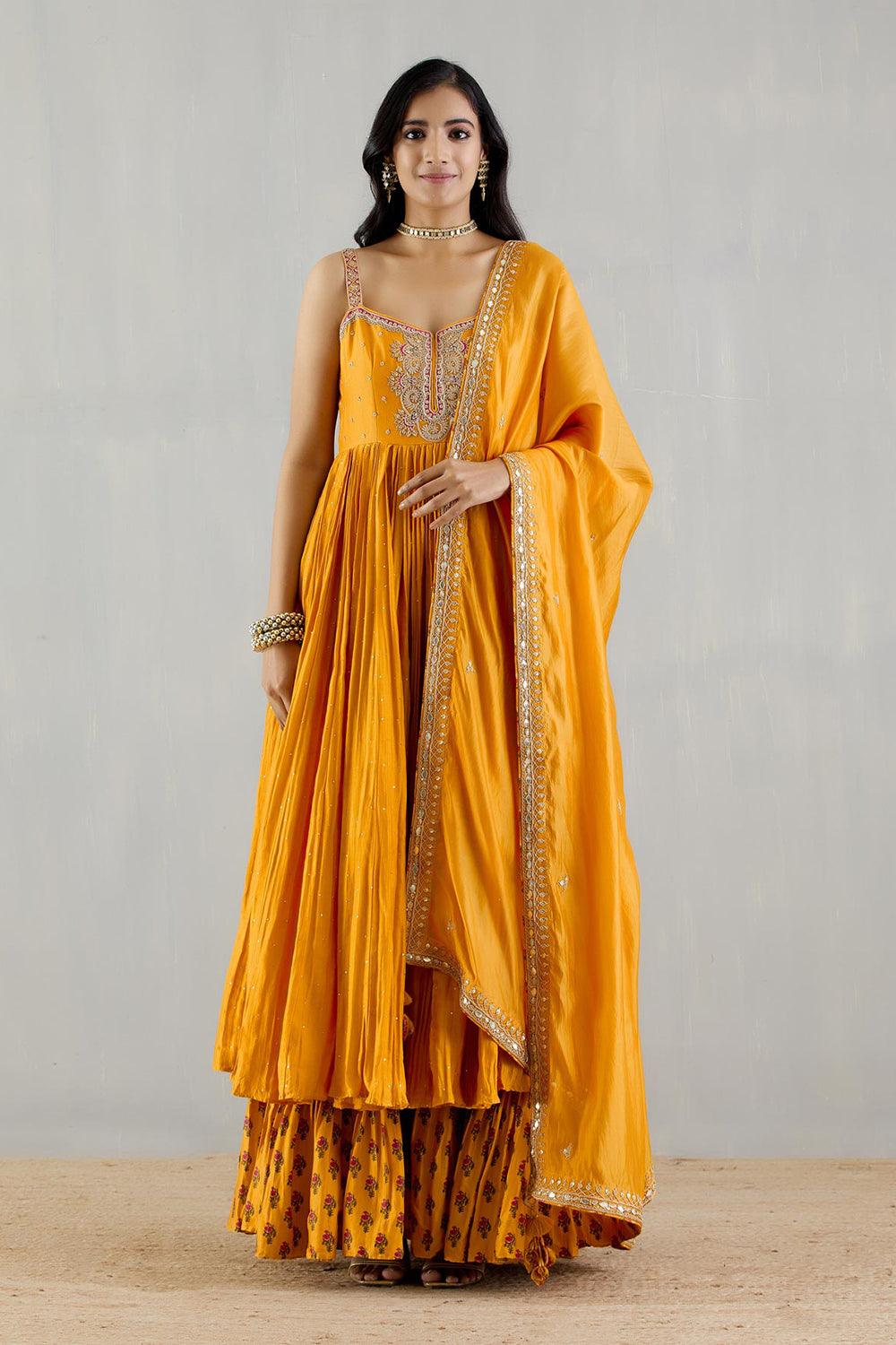 Mustard Strappy Kurta With Printed Gharara And Organza Silk Dupatta