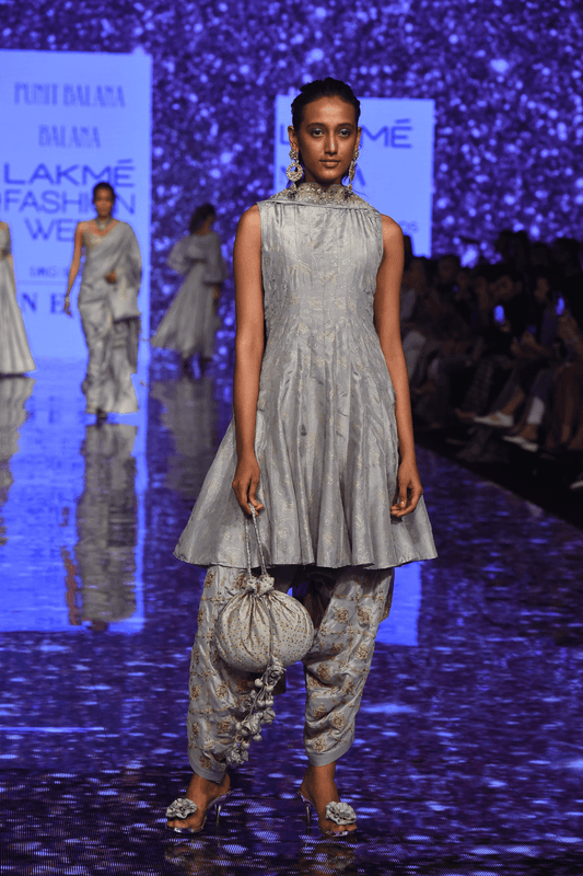 Grey Short Anarkali With Heavy Work Dhoti Pants & Dupatta