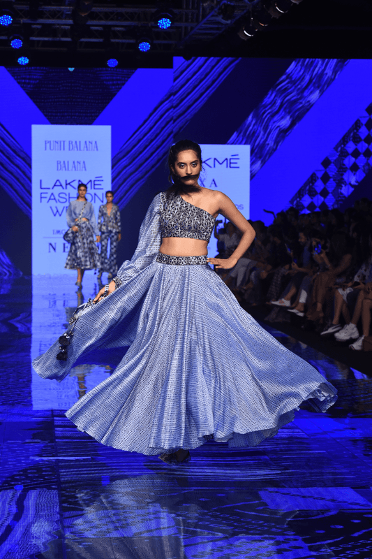 Blue One Sleeve Mirror Work Top & Skirt