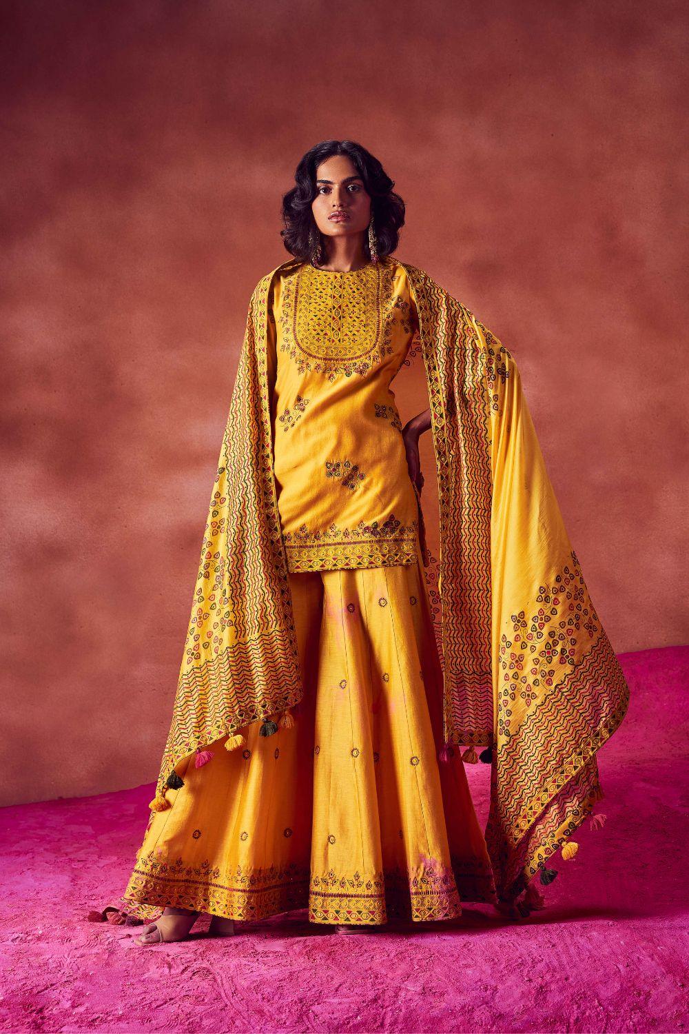 Yellow Short Kurti With Sharara  Set