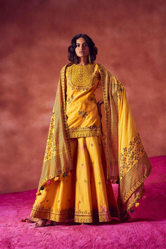Yellow Short Kurti With Sharara  Set