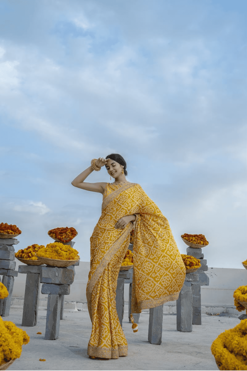 Mustard Marodi Bandhani Saree With Marodi Work Blouse