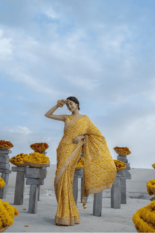 Mustard Marodi Bandhani Saree With Marodi Work Blouse