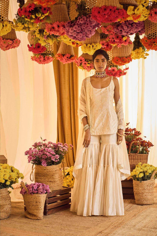 Ivory Kurti With Gharara And Organza Silk Dupatta