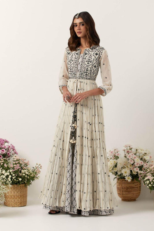 Ivory Resham & Mirror Work Front Open Anarkali Set