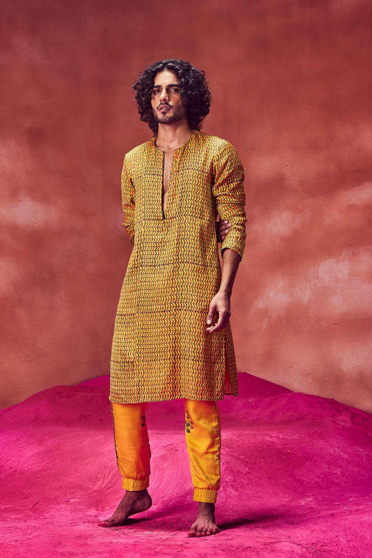 Yellow Printed Kurta With Joggers